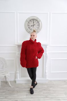 "Perfect red wool sweater for home or evening events, this super giant chunky turtleneck wool sweater is a classic piece to go with anything in your closet. The chunky knit and slightly oversize loose fit has 4 layers of high quality wool that's made for comfort and good visual look and pleasure Chunky knit sweater,Red wool sweater , Chunky knit sweater DETAILS - The sweater has chunky of wool - Made from 100% high quality wool - The sweater is knitted with 176 oz (5000 g) of high quality premiu Cozy Red Winter Sweater, Cozy Red Knitted Outerwear, Red Wool Knitted Outerwear, Cozy Christmas Sweater For Cold Weather, Red Chunky Knit Winter Cardigan, Red Chunky Knit Crew Neck Top, Red Chunky Knit Long Sleeve Sweater, Red Chunky Knit Top, Fitted Knitted Red Outerwear