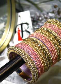 Gold & Pink Bridal Chooda Bangles in the USA Traditional Beaded Bangle For Wedding, Traditional Wedding Beaded Bangle, Gold Beaded Bangle For Wedding, Festive Pink Cutdana Bracelets, Bohemian Bangle For Wedding And Festive Occasions, Beaded Bangle For Wedding And Festive Occasions, Bohemian Wedding Bangle For Festive Occasions, Festive Beaded Wedding Bangle, Bohemian Pink Festive Bangle