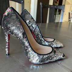 Brand New With Box And Dustbag Guaranteed Authentic Size 35.5 Heel Is 100mm Sequin Is Reversible Into A Pink And Green Multi Color Luxury Sequined Heels For Wedding, Luxury Sequined High Heels, Christian Louboutin Pigalle Follies, Pigalle Follies, Louboutin Pigalle, Christian Louboutin Pigalle, Red Louboutin, Silver Sequin, Louboutin Shoes