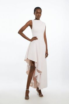 Scuba Drama Ruffle Hem Woven Maxi Dress | Karen Millen Elegant A-line High Low Dress For Spring, Formal Fitted High-low Hem Dress, Formal Fitted Dress With High-low Hem, Elegant Evening Dresses With High-low Hem, Elegant High-low Hem Wedding Dress, Elegant Sleeveless High Low Dress For Prom, Elegant High Low Dress For Wedding And Prom Season, Fitted A-line High Low Dress For Evening, Elegant Formal High-low Dress