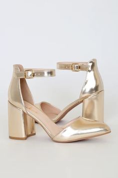 Gold Round Toe Heels For Night Out, Gold Heels With Pointed Toe For Party Season, Chic Gold Heels For Party Season, Glamorous Gold Heels For Party Season, Gold Block Heel Party Heels, Gold Heels With 4-inch Heel For Night Out, Gold Block Heel Heels For Party Season, Gold Heels For Party Season, Gold Heels For Formal Parties