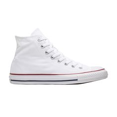 Find CONVERSE Chuck Taylor All Star Hi 'classic on Editorialist. The iconic Chuck Taylor All Star Hi Top is seen here in one of its more recognizable colorways—an all-white design accented with navy and red piping. The sneaker features a canvas and cotton upper, a durable rubber sole and its distinctive rubber toe cap. The Converse All-Star logo appears on the medial side of the ankle, with another emblem marking the heel. Classic High-top Sneakers, Classic Converse High-top Sneakers, Classic High-top Sneakers With Rubber Sole, Classic White High-top Sneakers With Rubber Sole, Classic White High-top Sneakers, Star Logo, Converse Sneakers, Hi Top, Converse Chuck Taylor All Star