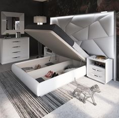 a bed that has been opened up to reveal a shoe storage compartment in the middle