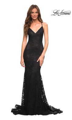 Long Open-Back La Femme Lace Prom Dress - PromGirl Black Grad Dress, Black Tie Dresses Formal, Black Lace Formal Dress, Black Lace Prom Dress, Fitted Lace Dress, Designer Formal Dresses, Prom Inspo, Prom Dresses Long Lace, Prom Dress Stores