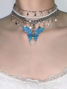 Butterfly Pendant Pearl Layered Choker Necklace | Jewelry | Three Fleas Butterfly Clothing, Kalung Choker, Ethereal Jewelry, Layered Choker Necklace, Layered Chokers, Fluttershy, Y2k Style, Butterfly Pendant, Dainty Jewelry