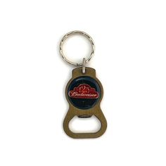 a bottle opener keychain with the budweiser logo on it