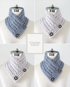 four different pictures of a crochet cowl with buttons on the top and bottom