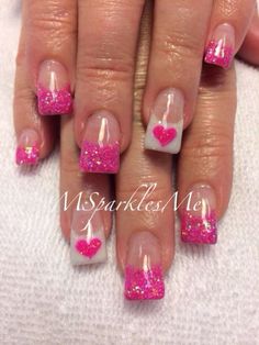 Valentine's French Tip Nail Designs, Hot Pink Squoval Nails, Valentine Nail Designs Gel Art Ideas, Valentine Nail Art Designs Heart, Gel Nail Designs For Valentines Day, Conversation Hearts Nails, Valentin Nails Designs Love, Valentines Day French Nails, Valentines Day French Tip Nails