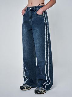 This is a casual and comfortable pants made out of high quality cotton 100% denim fabric. With design detail of cut off detail on the hem and fringe detail from the hip to ankle, it gives a comfortable and trendy mood.- Cut off detail on the hem- 13 oz denim fabric- Fringe detail from the hip extending to ankle- Slim boots cut silhouette Urban Dark Wash Jeans With Frayed Hem, Urban Flare Jeans With Frayed Hem, Urban Cotton Jeans With Frayed Hem, Urban Denim Jeans With Frayed Hem, Trendy Denim Bottoms With Contrast Stitching, Fall Streetwear Bottoms With Frayed Hem, Casual High Rise Cropped Jeans With Contrast Stitching, Fall Cotton Cropped Jeans With Frayed Hem, Streetwear Medium Wash Flare Jeans With Frayed Hem