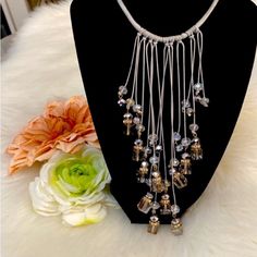 Fringe Beaded Necklace By Sacchi Crystal Squares & Ball Beads New! Champagne & Silver Gray Comes In Gift Box Adjustable Chain This Is Beautiful To Say The Least! Offers Considered Unkess Marked Firm Case3