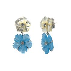 Adorn your ears with these elegantly handcrafted carved floral earrings. Each pair is composed of Mother of Pearl and Blue Quartzite, delicately carved to resemble delicately blooming flowers. These stunning earrings will be the perfect addition to any wardrobe, and add a special touch of sophistication to any evening outfit. Carved Flower Mother of Pearl and Blue Quartzite Drop Earrings Uniquely carved mother of pearl and sky blue quartzite flower Round simulated diamonds Hand set in sterling s Blue Quartzite, Evening Outfit, Evening Outfits, Stunning Earrings, Floral Earrings, Blooming Flowers, Mother Of Pearl, Sky Blue, Diamonds