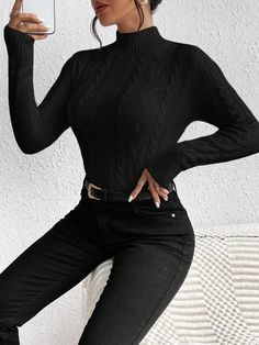 Mock Neck Cable Knit Sweater Black Casual  Long Sleeve Knitwear Plain Pullovers Slight Stretch  Women Clothing, size features are:Bust: ,Length: ,Sleeve Length: Cricket Whites, Black Cable Knit Sweater, Hem Sweater, Estilo Hip Hop, Cable Knit Sweater, Inspiration Mode, Sweater Black, Black Casual, Knitwear Women