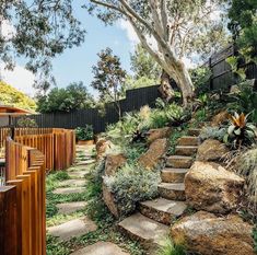 an outdoor garden with steps leading up to the trees and bushes on either side of the fence