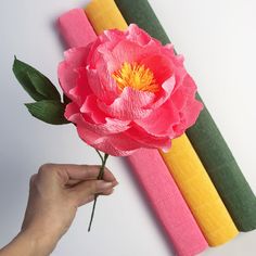 a person holding a paper flower on top of a rainbow colored piece of art work