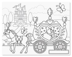 a coloring page with a horse and carriage in front of a castle on a hill