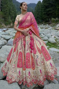 Viscose Fabric Beige Color Wedding Wear 3 Piece Lehenga Choli With Emb Multicolour Lehenga, Jacquard Lehenga, Lehenga Choli Designs, Beige And Pink, Heavy Embroidery, Bridal Lehenga Choli, Designer Lehenga Choli, Can Can, Viscose Fabric