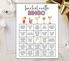 a printable bachelor party game with cocktails and champagne glasses on the table next to it