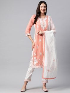 Paisley Embroidered Chikankari Pure Cotton Kurta Set Product Details: Peach-coloured embroidered Kurta with Trousers with dupatta Kurta design: Paisley embroidered Straight shape Regular style Round neck, three-quarter regular sleeves Chikankari detail Knee length with straight hem Pure cotton machine weave fabric Trousers design: Solid Trousers Partially elasticated waistband Slip-on closure Size & Fit Size worn by the model: 38 Chest: 34.5" Waist: 30" Hips: 38" Height: 5'11" Material & Care Pu Spring Chanderi Salwar Kameez With Embroidered Border, Spring Churidar With Straight Kurta And Dupatta, Spring Chanderi Dupatta With Embroidered Border, Embroidered Unstitched Straight Kurta Suit For Spring, Spring Embroidered Unstitched Suit With Straight Kurta, Spring Chikankari Embroidery Straight Kurta Churidar, Semi-stitched Salwar Kameez With Embroidered Border, Cotton Salwar Kameez With Resham Embroidery, Spring Traditional Wear With Straight Kurta And Dupatta