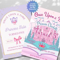 two princess themed birthday party flyers are shown with the text once upon a time, princess charlotte turned five