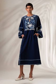 Long Sleeve Folk Dress For Eid, Folk Style Long Sleeve Dress For Eid, Elegant Spring Kaftan With Embroidered Sleeves, Traditional Long Sleeve Festive Midi Dress, Elegant Embroidered Bell Sleeve Dress, Elegant Bell Sleeve Embroidered Dresses, Traditional Long Sleeve Midi Dress For Spring, Blue Folk Style Embroidered Long Sleeve Dress, Blue Folk Style Long Sleeve Embroidered Dress