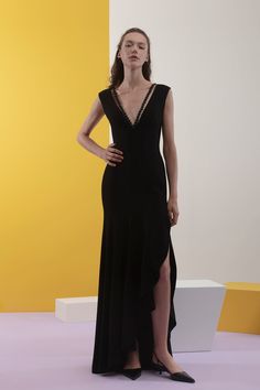 Deep V neckline side slit crepe gown - HerTrove Long Dress Sleeveless, Crepe Gown, Cut Dress, Beautiful Dress Designs, Dress Cuts, Crepe Fabric, V Neckline, Dress Sleeveless, Lebanon