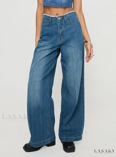 Lasaky - Wide Leg Pants with Blue Wash and Flared Hems Solid Denim Bottoms, Baggy Denim Blue Mid-rise Wide Leg Pants, Non-stretch High Waist Bottoms With Five Pockets, Dark Wash Full Length Cargo Pants, Baggy Full-length Denim Blue Pants, Baggy High-waist Denim Blue Pants, Baggy High Waist Denim Blue Pants, Baggy Denim Blue Cargo Pants, Dark Wash Full Length Bottoms