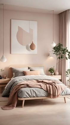 a bedroom with pink walls and neutral furniture, including a bed in the foreground