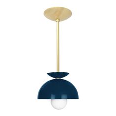 a blue and gold pendant light with a white ball hanging from the bottom, on a white background