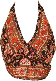 A colorful printed sleeveless crop top with a tie behind the back and neck. The halter neck bralette has straps that come up from the sides of the bralette that extend behind the neck, creating a halter-style neckline. #tlb #Sleeveless #beachwrap #bohemianfashion #Handmade #BohemianTop Bohemian Halter Top With Built-in Bra For Summer, Festival Halter Top With Built-in Bra, Bohemian Halter Top With Built-in Bra, Summer Multicolor Bra-friendly Tops, Multicolor Bra-friendly Tops For Summer, Bohemian Bra-friendly Halter Top For Vacation, Chic Halter Neck Crop Top For Festivals, Multicolor Halter Neck Crop Top, Bohemian Halter Top Bra Friendly For Summer