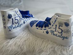 Quinceanera Shoes Blue, Quince Shoes Sneakers Royal Blue, Quinceanera Shoes Sneakers, Quince Shoes Sneakers, Quinceañera Royal Blue, Xv Shoes, Quince Shoes, Quince Planning, Royal Blue Quinceanera Dresses