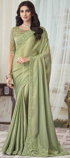 Green color Saree in Art Silk, Silk fabric with Embroidered, Sequence, Thread work Green Fancy Saree, Saree With Embroidery Blouse, Beige Saree, Bollywood Sarees Online, Fancy Saree, Indian Silk Sarees, Silk Saree Blouse Designs, Neck Deep, Silk Saree Blouse