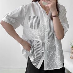 Women's V-Neck Embroidery Mid-Sleeve Solid Single Breasted Shirt Elegant Blouse White Short Sleeve Blouse With Patchwork, Spring Short Sleeve Patchwork Shirt, Cotton V-neck Patchwork Blouse, Spring Tops With Floral Embroidery And Half Sleeves, V-neck Cotton Blouse With Patchwork, Cotton Patchwork V-neck Blouse, Cotton V-neck Blouse With Patchwork, Spring V-neck Patchwork Tops, White V-neck Top With Patchwork