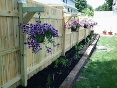 purple flowers are hanging from the side of a wooden fence