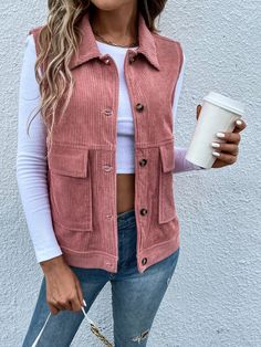 Flap Pocket Corduroy Vest Jacket Dusty Pink Casual  Sleeveless Corduroy Plain vest Non-Stretch  Women Clothing, size features are:Bust: ,Length: ,Sleeve Length: Dusty Rose Vest, Corduroy Vest, Sleeveless Vest Jacket, Plain Vest, Chaleco Casual, Sleeveless Coat, Winter Vest, Casual Vest, Vest Coat