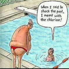 a cartoon depicting a pool with people in it and an empty sign saying when i said to shock the pool, i meant with the chlorne