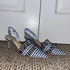 Gianni Bini Ruffled Kitten Heels. Sling Back. Light Blue And Black. Never Worn. Size 6.5 High Heel Ruffled Summer Heels, Summer High Heels With Ruffles, Summer Ruffled High Heel Shoes, Summer Ruffled High Heels, Black Slingback Pumps With Bow Straps For Spring, Summer Office Heels With Bow, Chic Open Toe Heels With Ruffles, Spring Evening Heels With Ruffles, Ruffled High Heel Evening Shoes