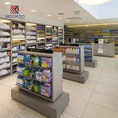 an empty pharmacy store filled with lots of products