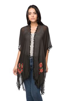 Embroidered details accent this easy flowing Kimono style from Pool to Party. Great paired with shorts or jeans or can be poolside ready. 65% Polyester/35% Viscose One Size, Loose and Easy Shape Made in USA from Imported Fabric Back embroidery detail shown on white version Black Spring Festival Cover-up, One Size Black Cover-up For Summer, Summer Vacation Cover-up With Floral Embroidery, Black One-size Summer Cover-up, Floral Embroidery Cover-up For Summer Beach, Chic Cotton Spring Cover-up, Summer Vacation Floral Embroidered Cover-up, Floral Embroidered Summer Cover-up For Vacation, Spring Embroidered Beach Cover-up