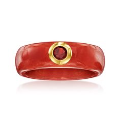 Ross-Simons - Red Jade and .30 Carat Garnet Ring in 14kt Yellow Gold. Size 8. Revel in the radiance of red with our mesmerizing ring. A carved red jade band hosts an alluring .30 carat round garnet framed by 14kt yellow gold. Makes a perfect gift for the red lover in your life. 1/4" wide. Garnet and red jade ring. Red Oval Intaglio Ring, Classic Red Intaglio Ring, Red Intaglio Rings For Anniversary, Classic Red Intaglio Jewelry, Red Intaglio Jewelry For Formal Occasions, Red Jade, Garnet Ring, Jade Ring, Garnet Rings