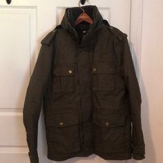 Men’s Size 36r Utility Jacket. Olive Color. Button And Zip Front. High Collar. Hood That Can Be Zipped Away. Nwot Classic Winter Outerwear With Button Zip Fly, Winter Utility Sport Coat With Snap Buttons, Winter Utility Sport Coat With Buttons, Classic H&m Winter Outerwear, H&m Casual Outerwear With Button Closure, H&m Cotton Outerwear For Streetwear, Military Style Winter Sport Coat With Patch Pockets, Winter Military Sport Coat With Flap Pockets, H&m Streetwear Outerwear With Pockets