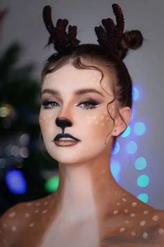 45+ Horrifying Halloween Makeup Ideas for Women - HubPages Reindeer Halloween Makeup, Christmas Deer Makeup, Christmas Fantasy Makeup, Animal Costume Makeup, Reindeer Hairstyle, Rain Deer Makeup, Doe Makeup Halloween, Deer Makeup Halloween, Deer Costume Makeup