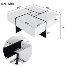 an image of a coffee table with measurements for the top and bottom section on it