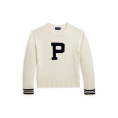 This cozy cotton sweater plays on the season’s collegiate style with striped trim and a “P” intarsia-knit at the front. Classic Crew Neck Sweater With Striped Cuffs, Sporty Fall Sweater With Striped Cuffs, Preppy Winter Sweater For School, Preppy Winter School Sweater, Fall Ralph Lauren Tops With Ribbed Cuffs, White Fall Sweater For College, White Winter Sweater For School, Sporty Winter School Sweater, Collegiate Sweater For Game Day In Fall