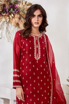 Red embroidered kurta with floral motifs. Paired with pant and cutwork hem dupatta. 
Component: 3
Pattern: Embroidered
Type Of Work: Floral
Neckline: Round
Sleeve Type: Three quarter
Fabric: Silk,organza
Color: Red
Other Details: 
Floral motifs
Cutwork hem dupatta
Occasion: Reception - Aza Fashions Elegant Red Chanderi Lawn Suit, Festive Red Unstitched Suit With Dabka Work, Festive Red Lawn Suit With Zari Work, Elegant Red Lawn Suit For Diwali, Festive Lawn Suit For Traditional Ceremonies, Red Chanderi Lawn Suit With Dabka, Red Chanderi Lawn Suit With Dabka Detail, Designer Red Lawn Suit With Dabka Work, Red Silk Lawn Suit With Zari Work