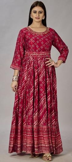 Red and Maroon color Gown in Muslin fabric with Digital Print, Embroidered, Sequence work Traditional Red Maxi Dress For Festive Season, Traditional Red Maxi Dress For Festive Occasions, Traditional Red Festive Maxi Dress, Red Maxi Dress For Eid Wedding, Red Maxi Dress For Eid, Red Maxi Dress For Wedding And Eid, Red Anarkali Dress With Resham Embroidery, Red Anarkali Floor-length Maxi Dress, Red Floor-length Dresses For Eid