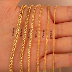 "14K Solid Gold Wheat Chain Necklace / Spiga Chain Necklace / Gold Chain Necklace / Wheat Chain / Chain for pendants / Gift For Her ★★ Description ★★ Looking for a versatile and timeless piece of jewelry? Our Wheat/Spiga chain necklace is a great choice. Made from 14K solid gold, this chain necklace has a thickness of 1.0 mm,1.5 mm 1.8 mm and  2mm, making it durable and perfect for everyday wear. You can wear it alone or combine it with your favorite pendant for a personalized look. This Wheat/S Baby Gold Chain Designs, Chain Length Chart, Faberge Jewelry, Necklace Gold Chain, Chain Necklace Gold, Gold Chain Design, Necklace Chain Lengths, Chain Design, Gold Chain Necklace