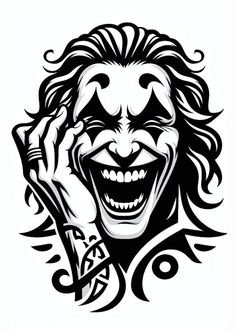 a black and white drawing of a clown talking on the phone with his mouth open