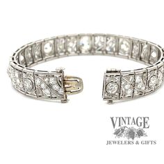 This sparkling vintage, circa 1900's, Edwardian diamond link bracelet is masterfully crafted in platinum. The bracelet contains ten large center diamonds, the center of which is an Old Mine Cut (OMC), flanked by the other nine larger Old European Cut (OEC) diamonds. The center OMC diamond is approx 1.35 carats and is an H color VS1 clarity. The two larger of the flanking diamonds are approximately 3/4 carats each, while the remaining 7 larger diamonds are approximately 1/4 carat each. Finally, e Art Deco Diamond, High Jewelry, Tiffany & Co., Lalique, Link Bracelets, Diamond Cuts, Silver Bracelet, Platinum, Two By Two