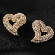 1 Pair Of Gold Pave Rhinestone Curvy Heart Post Earrings Cz Crystal Hearts Studs New Post Style Earrings Approx 15mm Also Available In Silver And Rose Gold, Listed Separately In My Closet /Shop. See Last Pics For A Preview. New Most Of My Other Earrings Are Dangle Types That Can Be Upgraded To Solid Sterling Silver Or 14k Gold Filled Wires So If You Have Sensitive Ears Like Me, Check My Other Listings. I Buy My Ear Wires From A Legitimate Metal Source Jewelry Supplies Company. I Can't Wear Metal Free People Earrings, Kate Spade Earrings Stud, Paired Jewelry, Minimalist Earrings Studs, Minimalist Studs, Kate Spade Earrings, Crystal Stars, Stone Studs, Black Earrings