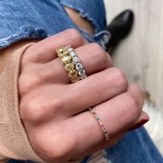 Yellow Diamond Silver Band, Yellow Diamond Eternity Band, Eternity Ring Stack, Canary Color, Eternity Band Stack, Eternity Band Set, Couple Ring Design, Crushed Ice, Jewelry Lookbook